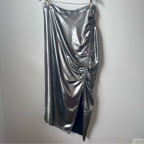 AllSaints Carla Gathered Silver Metallic Midi Skirt Side Split Polyester Size 10 - Picture 4 of 15
